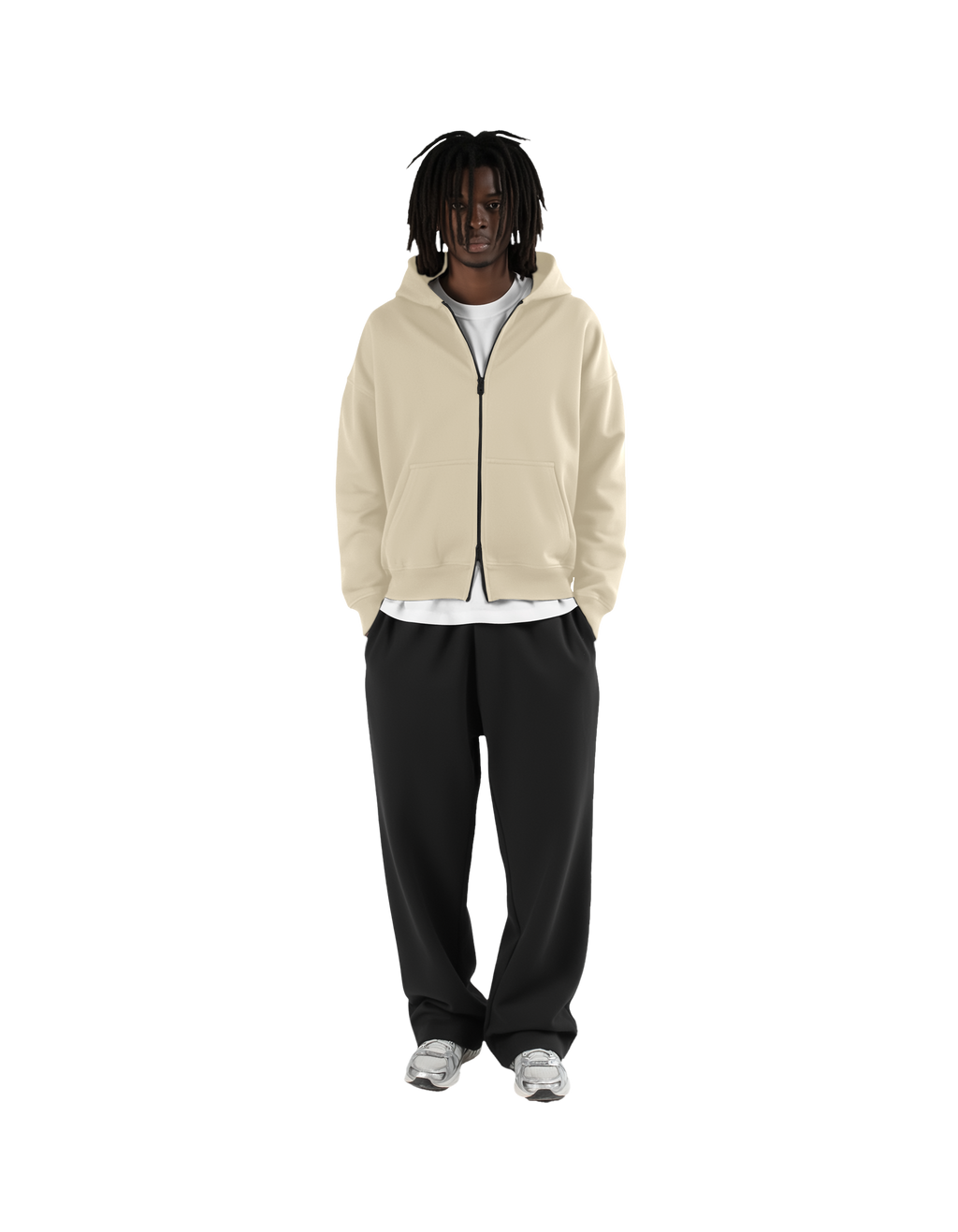 Drop Shoulder Zip Hoodie (Beige)