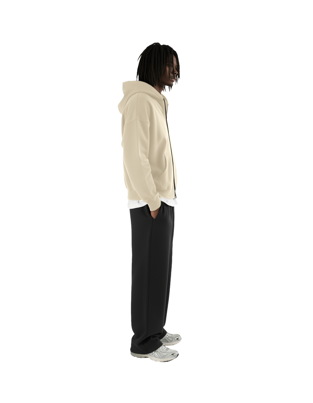 Drop Shoulder Zip Hoodie (Beige)