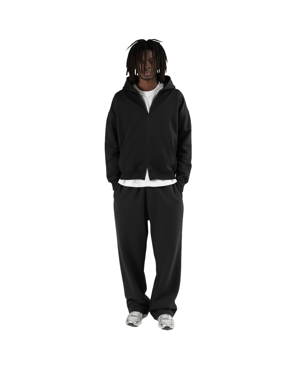 Drop Shoulder Zip Hoodie (Black)