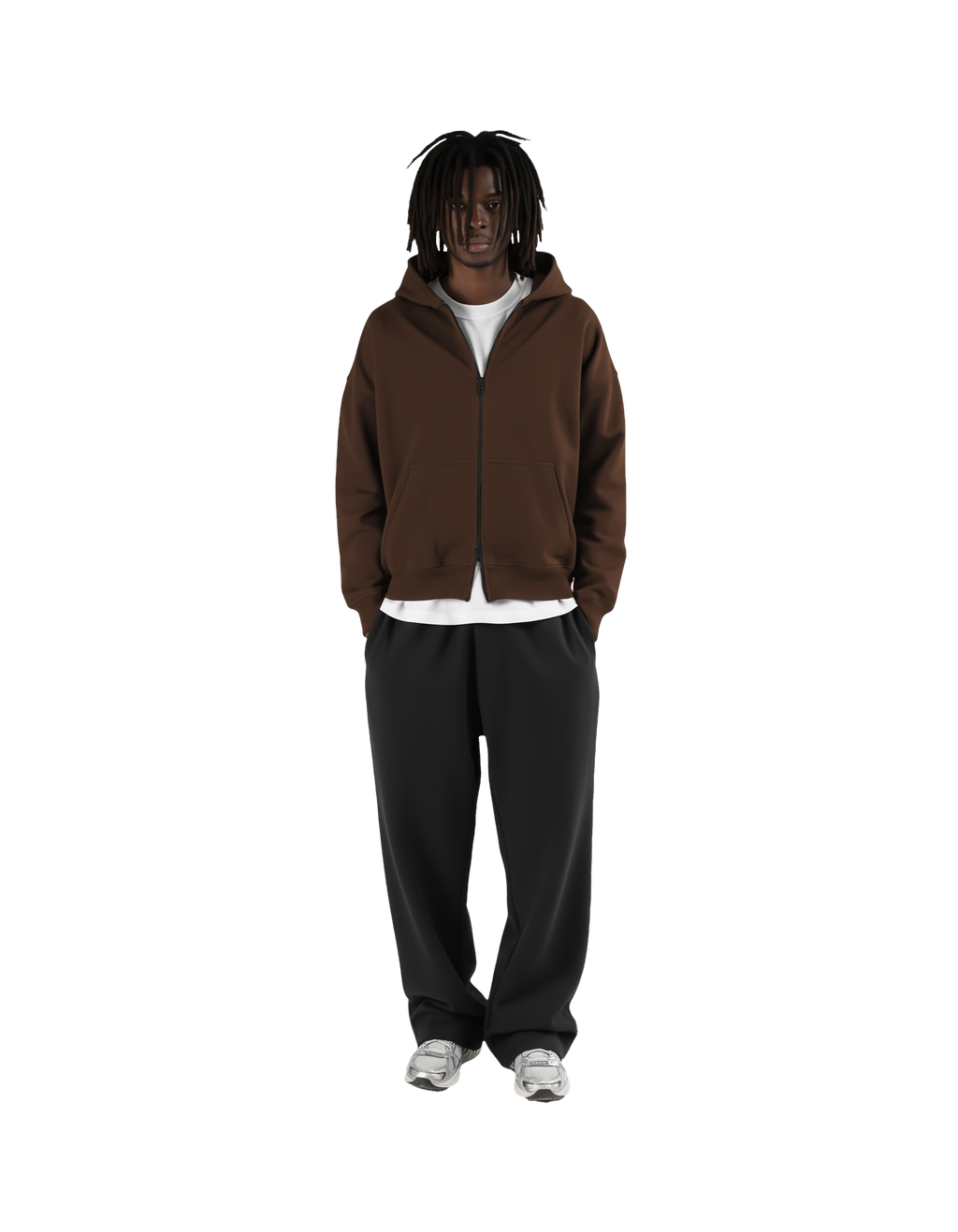 Drop Shoulder Zip Hoodie (Brown)